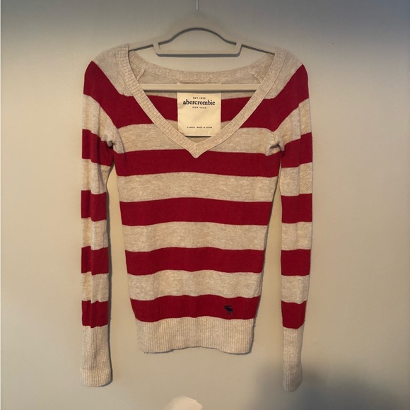 Y2K Vintage Abercrombie and Fitch Striped V Neck Long Sleeve Sweater Red XL - Picture 2 of 5